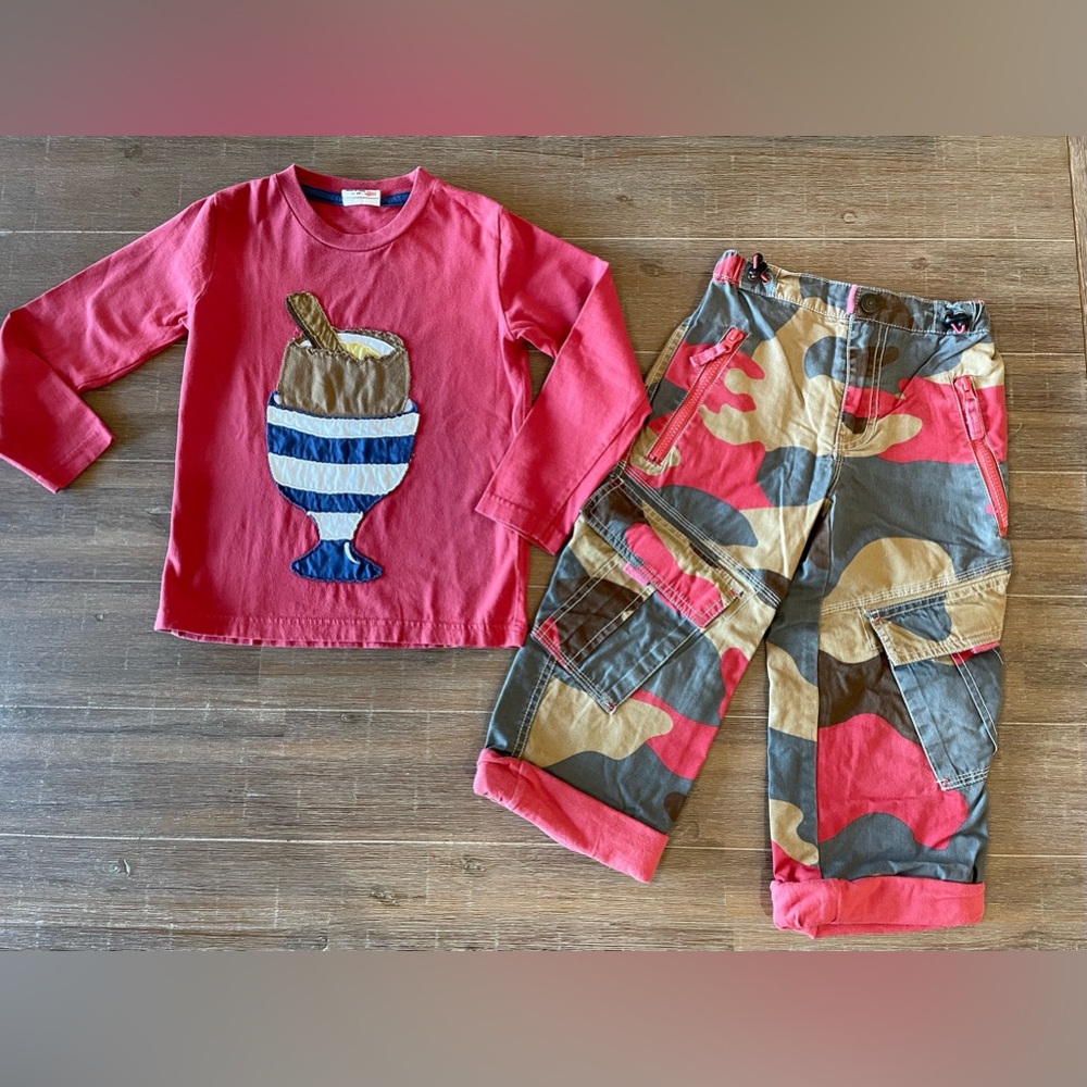 Mini Boden Vintage Boy Set Dippy Egg and Toast Top Sz 4/5 & lined Camo Pant Sz 5